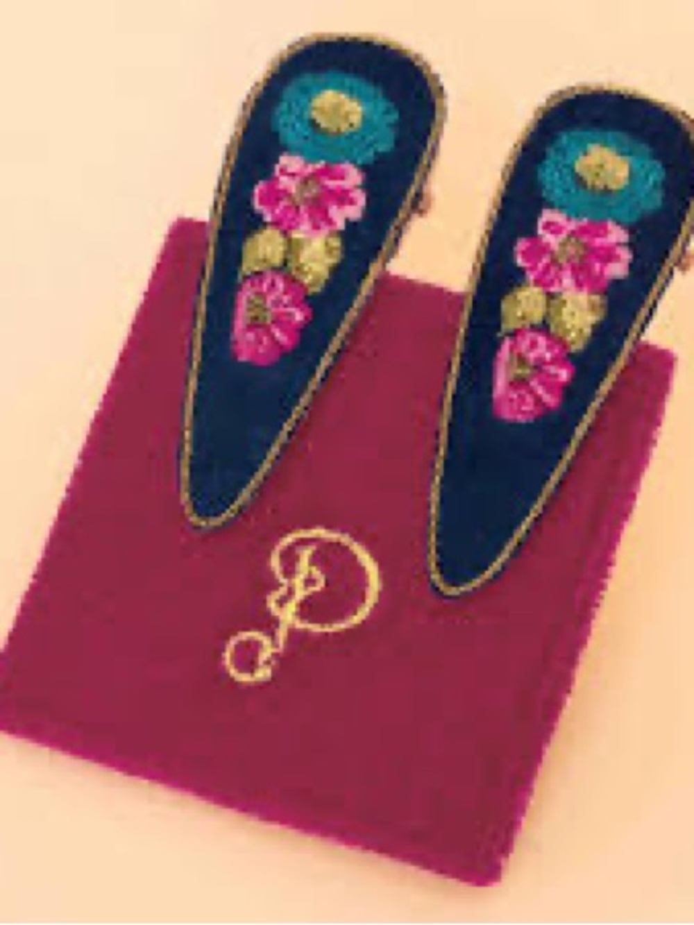 Embroidered Navy Hair Clips with Pink Floral Accents